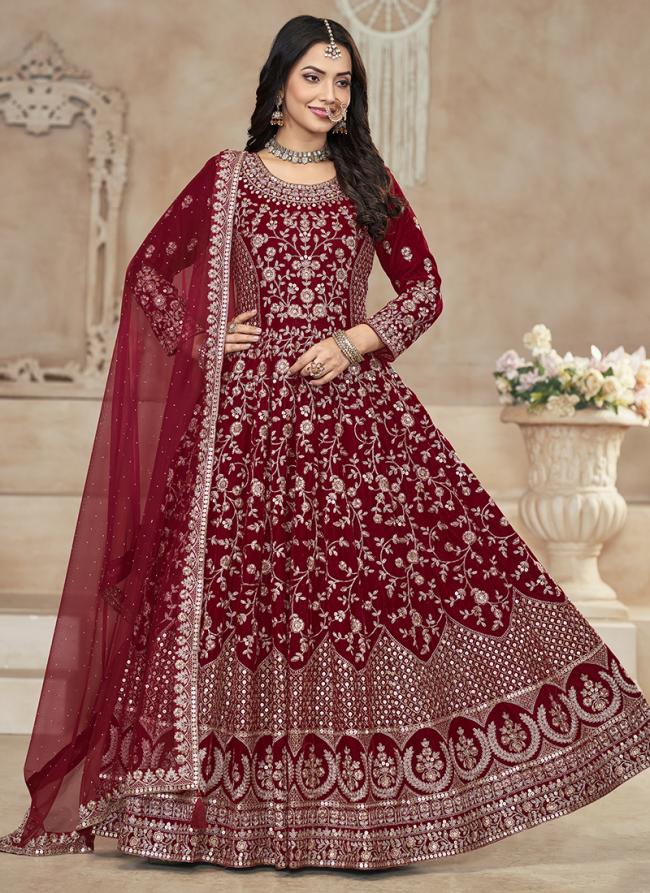 Velvet Red Bridal Wear Zari Work Anarkali Suit